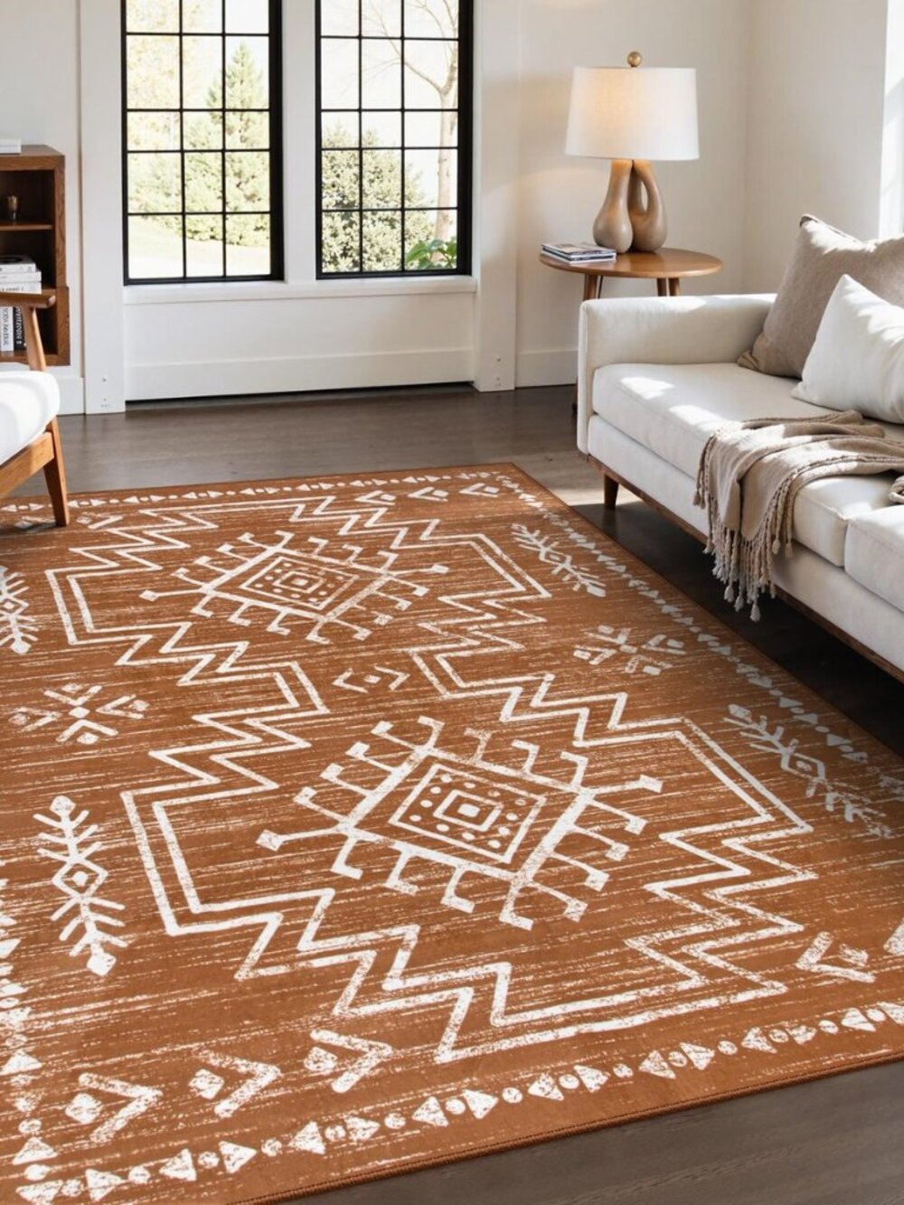 5x7 Burnt Orange Rug, Washable Fall Western Rugs for Living Room